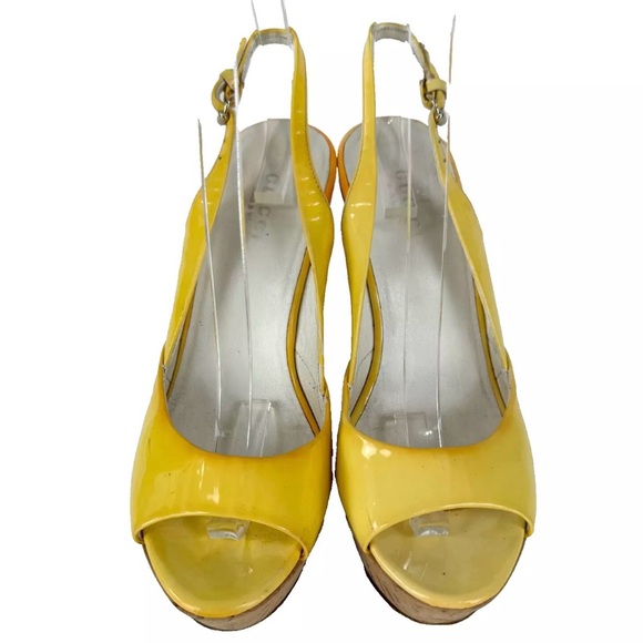 Gucci Auth 4.5 US 34.5 EU Yellow Patent Leather Peeptoe Cork Heels Shoes Runway - Picture 9 of 13